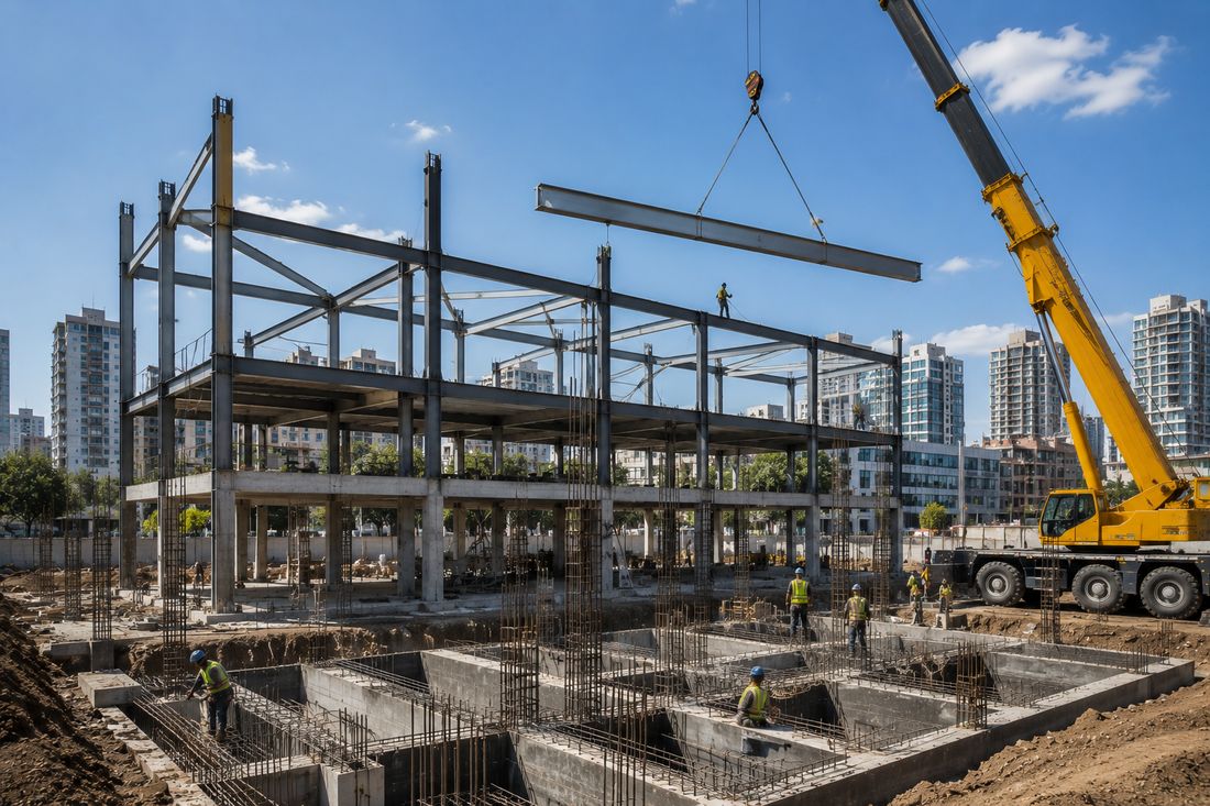 Edificio de estructura metálica en construcción con una grúa levantando una viga