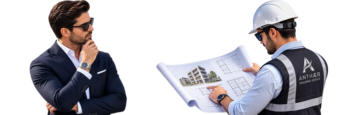 Un inversionista y un supervisor de obra revisando planos de construcción